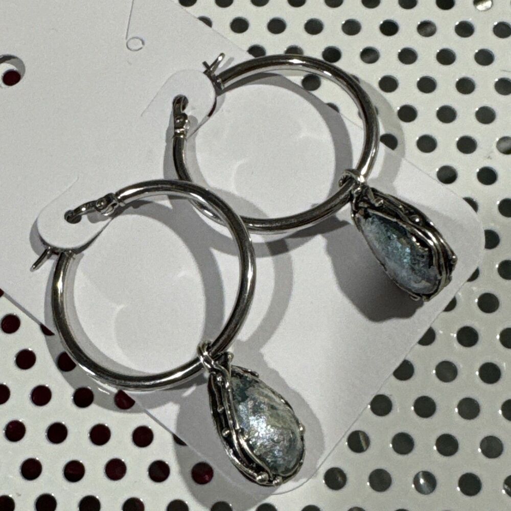 Or Paz Sterling Silver 925 Hoop Teardrop Roman Glass Earrings Israel PZ